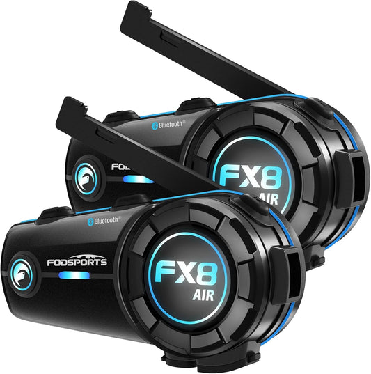 FX8 AIR Motorcycle Bluetooth Headset - 1000M Communication System with 3 Sound Effects, Hands-Free Helmet Intercom, CVC Noise Cancellation, IP65 Waterproof, FM Radio, Pack of 2