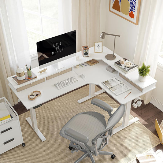 63" Electric L-Shaped Standing Desk with Triple Motors and 3 Drawers, 330 lbs Capacity, Pure White Finish